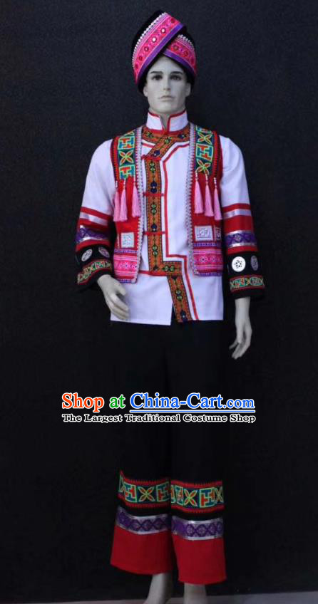 China Traditional Zhuang Nationality Folk Dance Outfits Clothing Guangxi Ethnic Bridegroom Wedding Garment Costumes and Headpiece
