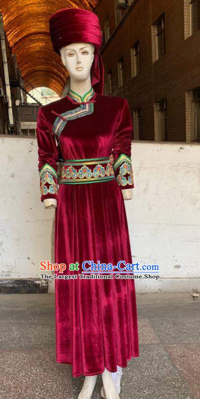 Chinese Mongol Nationality Performance Clothing Mongolian Minority Woman Wine Red Velvet Dress Uniforms Ethnic Folk Dance Garment Costumes and Hat