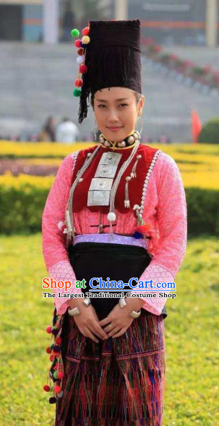 Chinese Achang Nationality Woman Clothing Minority Folk Dance Dress Uniforms Yunnan Ethnic Performance Garment Costumes and Headdress