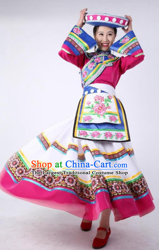 Chinese Pumi Nationality Clothing Minority Woman Festival Dress Uniforms Yunnan Ethnic Wedding Garment Costumes and Hat