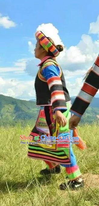 Chinese Lisu Nationality Clothing Minority Woman Festival Dress Uniforms Yunnan Ethnic Dance Garment Costumes and Headpiece