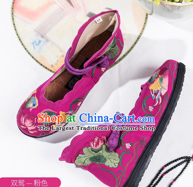 China Handmade Old Beijing Cloth Shoes Folk Dance Purple Canvas Shoes National Female Shoes Embroidered Mandarin Duck Lotus Shoes