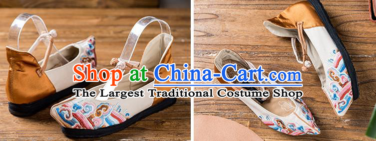 China National Old Beijing Cloth Shoes Embroidered Beige Flax Shoes Handmade Woman Shoes Folk Dance Shoes