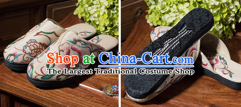 China Folk Dance Shoes National Beige Flax Sandals Embroidered Lotus Shoes Handmade Woman Cloth Shoes