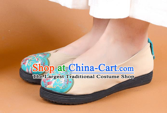 China Woman Beige Canvas Shoes National Folk Dance Shoes Embroidered Shoes Handmade Cloth Shoes