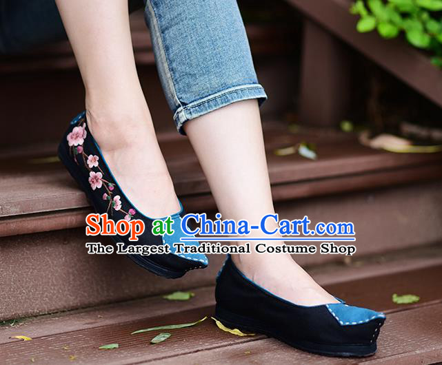 China National Woman Canvas Shoes Traditional Embroidered Peach Blossom Shoes Handmade Black Cloth Shoes Folk Dance Shoes