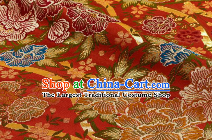 Japanese Royal Peony Pattern Red Brocade Fabric Kimono Satin Cloth Traditional Nishijin Tapestry Classical Damask Drapery