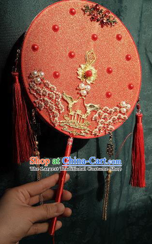 China Handmade Red Tassel Silk Fan Traditional Wedding Fan Bride Palace Fan Classical Dance Circular Fan