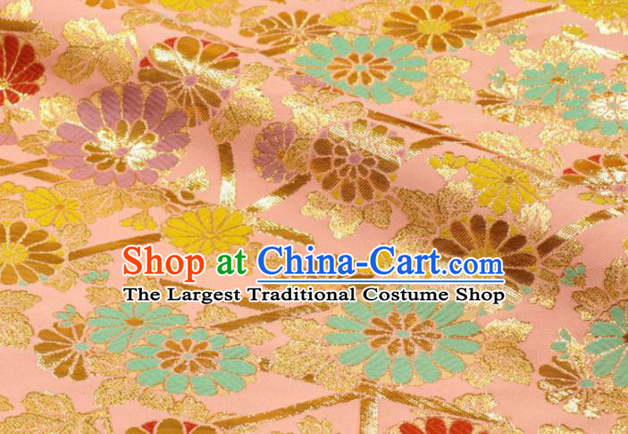 Japanese Royal Chrysanthemum Pattern Pink Brocade Kimono Satin Cloth Traditional Nishijin Tapestry Fabric Classical Damask Drapery