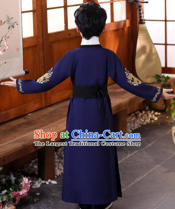 China Ancient Tang Dynasty Scholar Navy Robe Traditional Stage Performance Clothing Boys Classical Dance Garment Costume