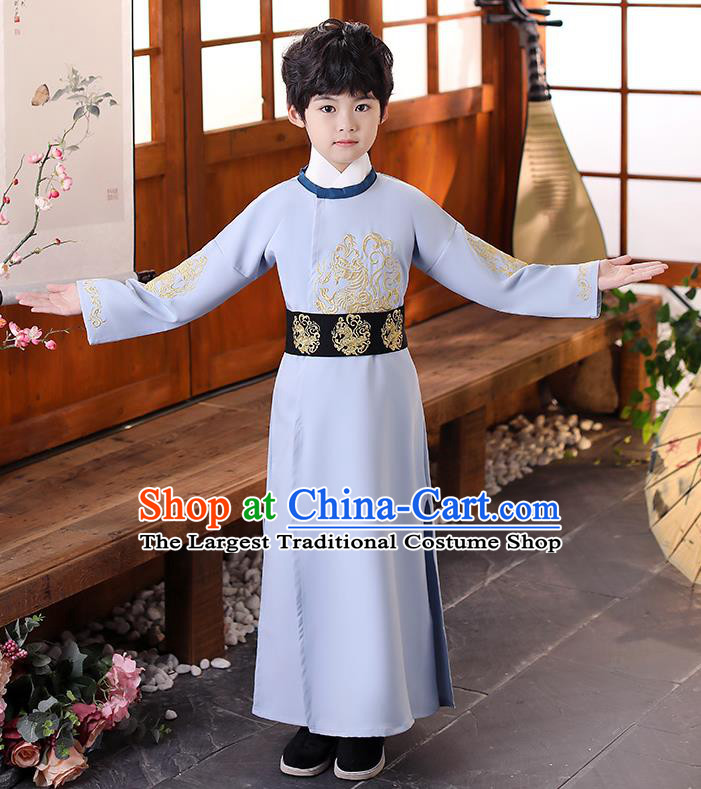 China Boys Classical Dance Garment Costume Ancient Tang Dynasty Scholar Light Blue Robe Traditional Stage Performance Clothing