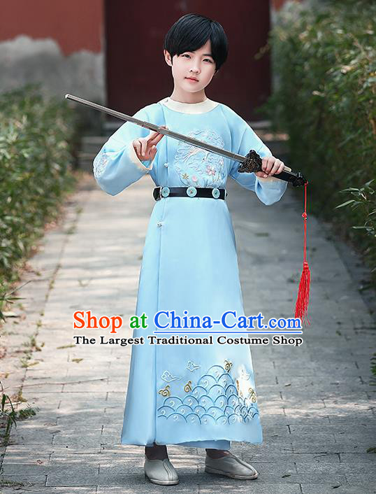 China Tang Dynasty Swordsman Embroidered Blue Robe Traditional Dance Performance Clothing Ancient Boys Knight Garment Costume