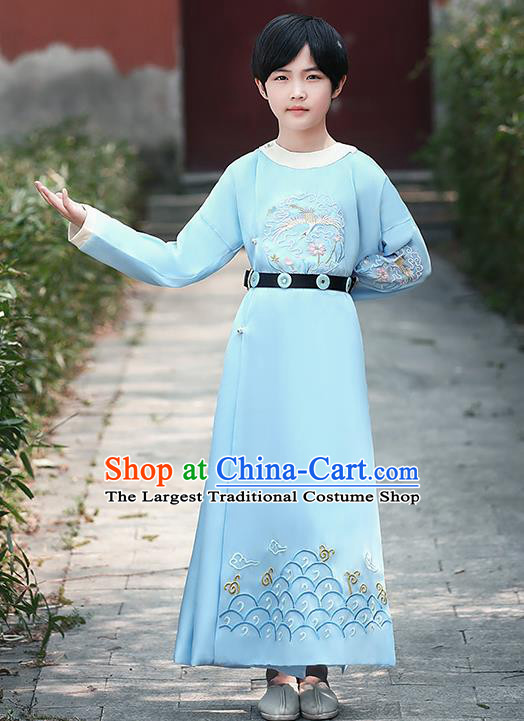 China Tang Dynasty Swordsman Embroidered Blue Robe Traditional Dance Performance Clothing Ancient Boys Knight Garment Costume