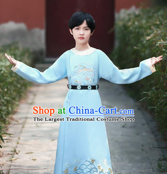 China Tang Dynasty Swordsman Embroidered Blue Robe Traditional Dance Performance Clothing Ancient Boys Knight Garment Costume