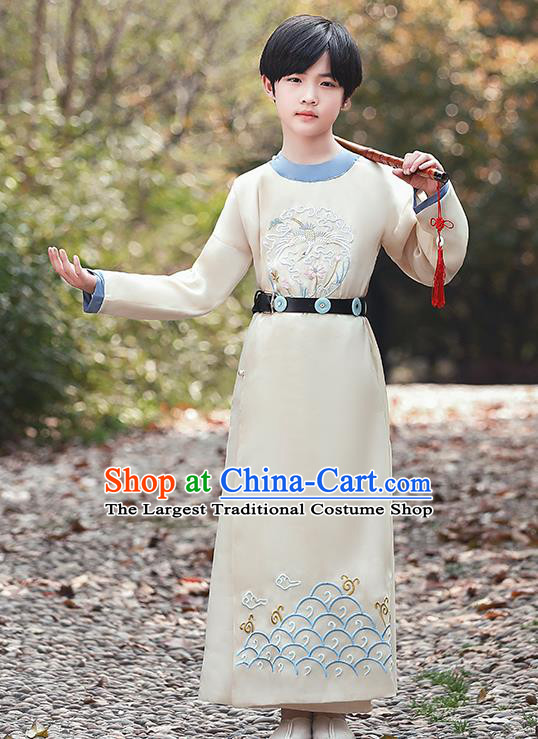 China Ancient Boys Knight Garment Costume Tang Dynasty Swordsman Embroidered Beige Robe Traditional Dance Performance Clothing