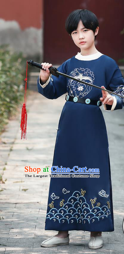 China Traditional Dance Performance Clothing Ancient Boys Knight Garment Costume Tang Dynasty Swordsman Embroidered Navy Robe