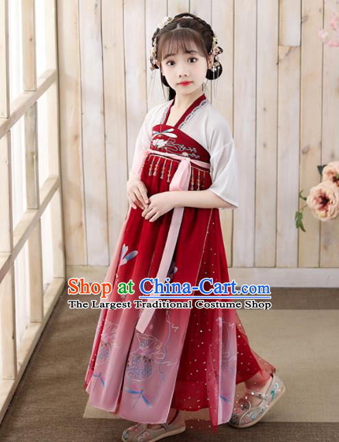 Chinese Children Classical Dance Performance Clothing Traditional Tang Dynasty Girl Princess Red Hanfu Dress Ancient Fairy Garments