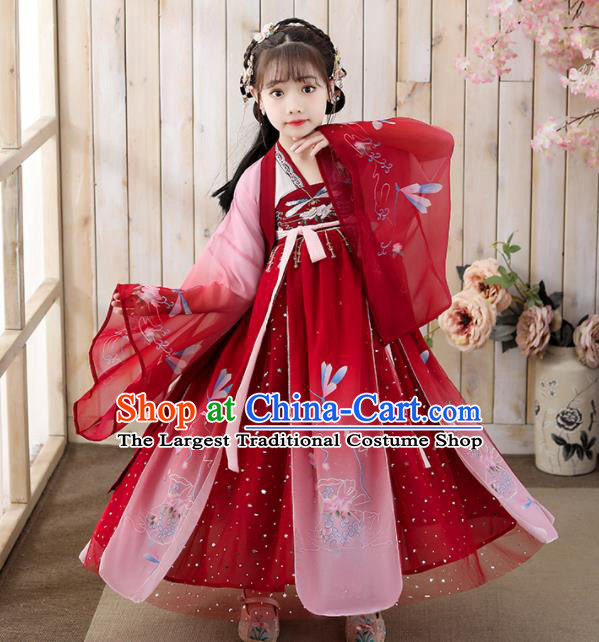 Chinese Children Classical Dance Performance Clothing Traditional Tang Dynasty Girl Princess Red Hanfu Dress Ancient Fairy Garments