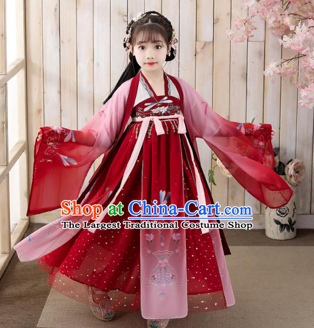 Chinese Children Classical Dance Performance Clothing Traditional Tang Dynasty Girl Princess Red Hanfu Dress Ancient Fairy Garments