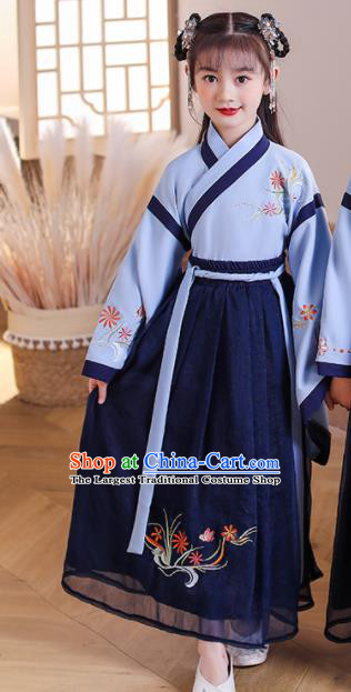 Chinese Children Classical Dance Clothing Traditional Performance Blue Hanfu Dress Ancient Girl Student Garments