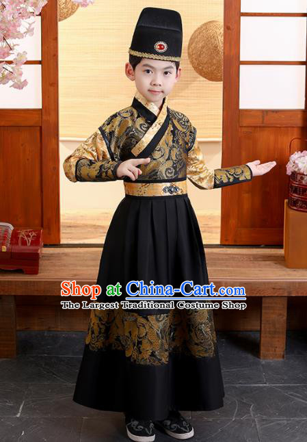 China Traditional Boys Dance Performance Clothing Ancient Imperial Guards Garment Costume Ming Dynasty Swordsman Black Robe