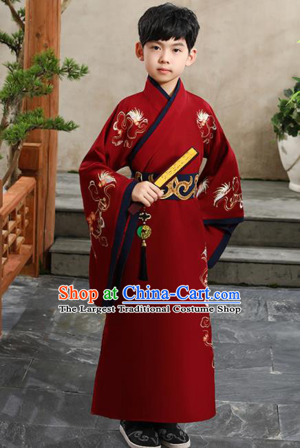 China Ming Dynasty Scholar Red Robe Traditional Boys Dance Performance Clothing Ancient Children Childe Garment Costume