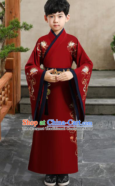 China Ming Dynasty Scholar Red Robe Traditional Boys Dance Performance Clothing Ancient Children Childe Garment Costume