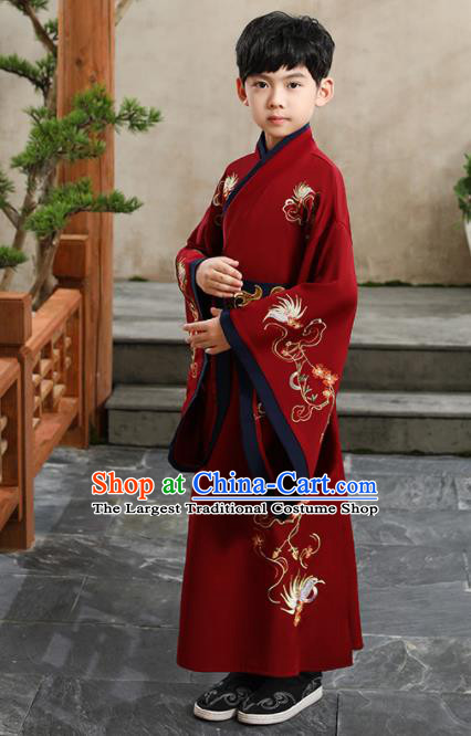 China Ming Dynasty Scholar Red Robe Traditional Boys Dance Performance Clothing Ancient Children Childe Garment Costume