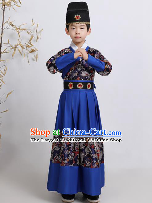 China Ming Dynasty Boys Imperial Guards Clothing Ancient Children Swordsman Garment Costume Traditional Blue Feiyu Robe