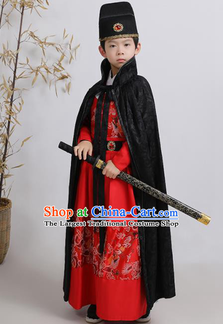 China Traditional Red Feiyu Robe Ming Dynasty Boys Imperial Guards Clothing Ancient Children Swordsman Garment Costume