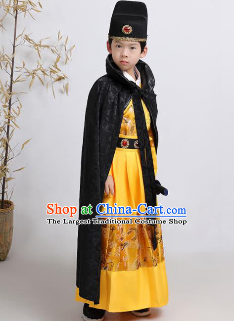 China Ancient Children Swordsman Garment Costume Traditional Yellow Feiyu Robe Ming Dynasty Boys Imperial Guards Clothing