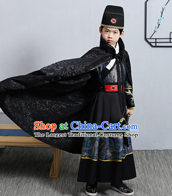 China Traditional Children Black Feiyu Robe Ming Dynasty Boys Imperial Guards Clothing Ancient Swordsman Garment Costume