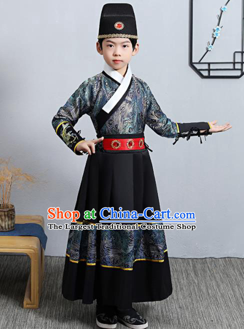 China Traditional Children Black Feiyu Robe Ming Dynasty Boys Imperial Guards Clothing Ancient Swordsman Garment Costume