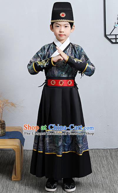 China Traditional Children Black Feiyu Robe Ming Dynasty Boys Imperial Guards Clothing Ancient Swordsman Garment Costume
