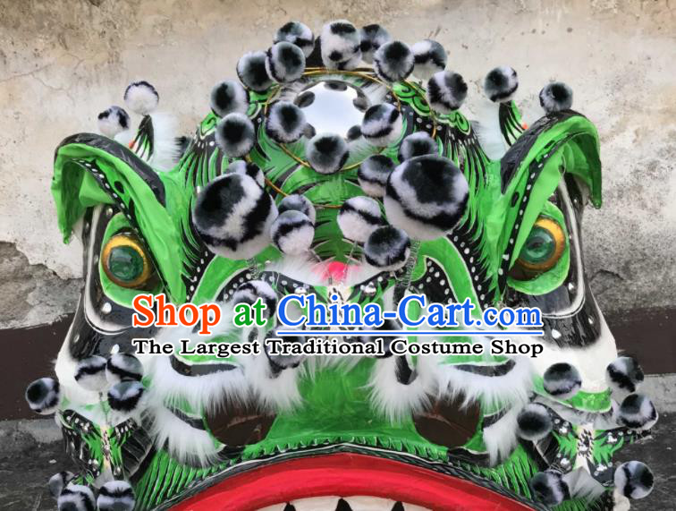 China Southern Lion Dance Performance White Fur Costumes Spring Festival Lion Dancing Competition Uniforms Handmade Green Lion Head