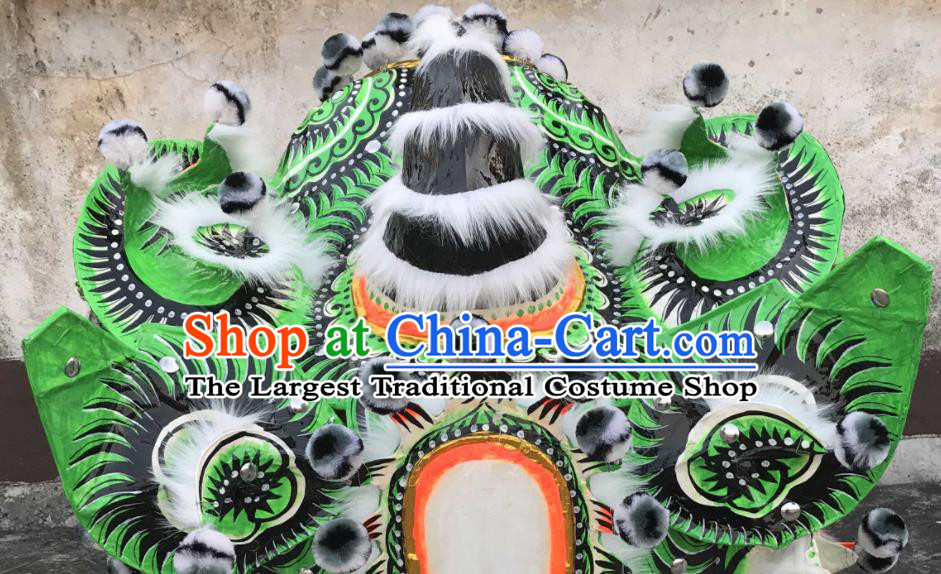 China Southern Lion Dance Performance White Fur Costumes Spring Festival Lion Dancing Competition Uniforms Handmade Green Lion Head