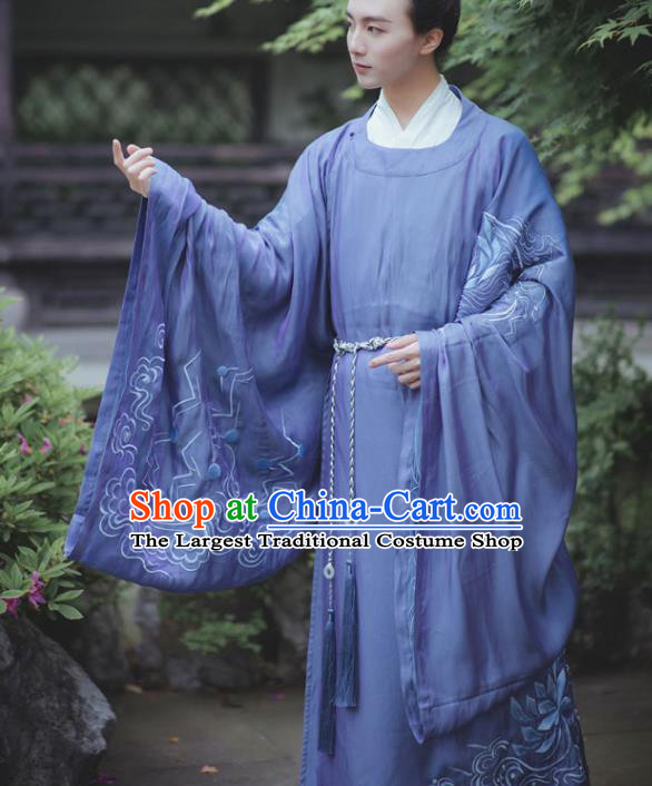 China Ancient Scholar Blue Hanfu Robe Traditional Song Dynasty Noble Prince Embroidered Historical Clothing for Men