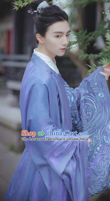 China Ancient Scholar Blue Hanfu Robe Traditional Song Dynasty Noble Prince Embroidered Historical Clothing for Men