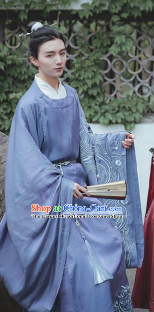 China Ancient Scholar Blue Hanfu Robe Traditional Song Dynasty Noble Prince Embroidered Historical Clothing for Men