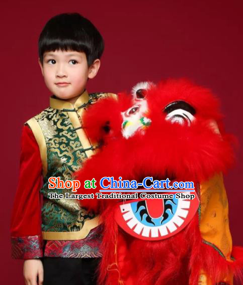 China Handmade Children Red Fur Lion Head South Lion Dance Performance Uniforms Spring Festival Lion Dancing Costumes for Kids