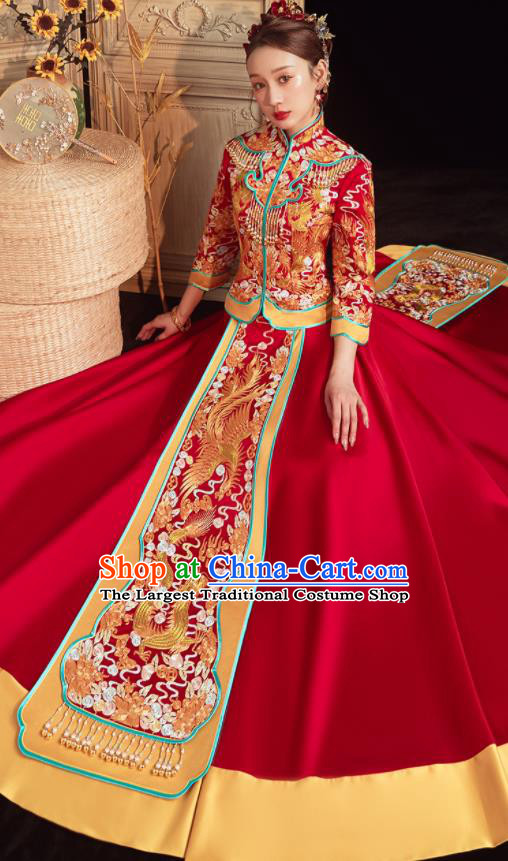 China Traditional Wedding Garment Costumes Classical Xiuhe Suits Embroidered Bride Red Dress Toast Clothing