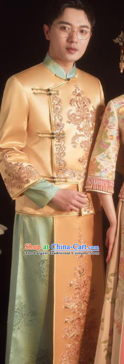Chinese Ancient Bridegroom Clothing Traditional Wedding Male Uniforms Embroidered Yellow Mandarin Jacket and Long Robe