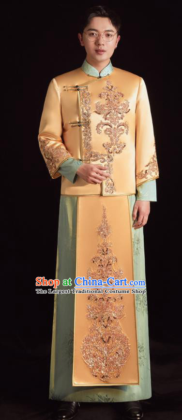Chinese Ancient Bridegroom Clothing Traditional Wedding Male Uniforms Embroidered Yellow Mandarin Jacket and Long Robe