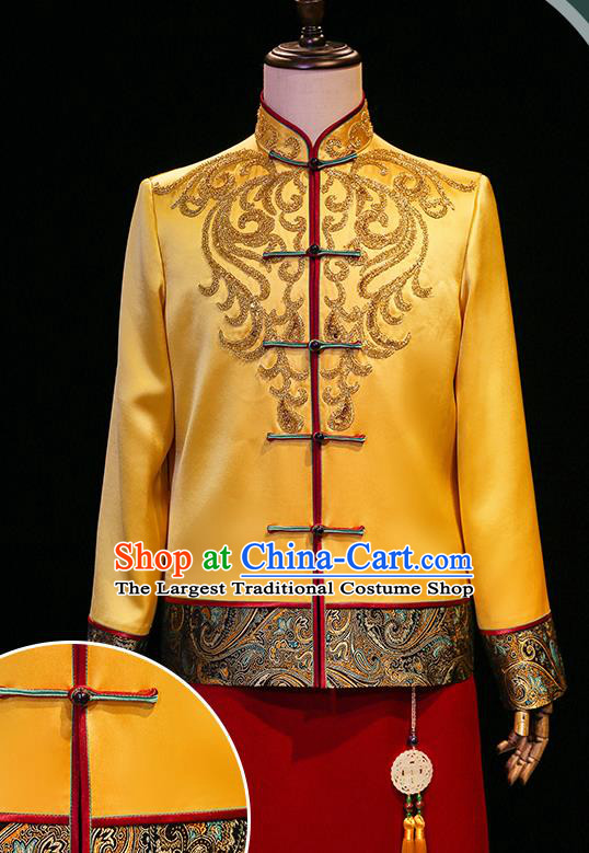 Chinese Tang Suit Embroidered Yellow Mandarin Jacket and Red Long Robe Ancient Bridegroom Clothing Traditional Wedding Male Uniforms