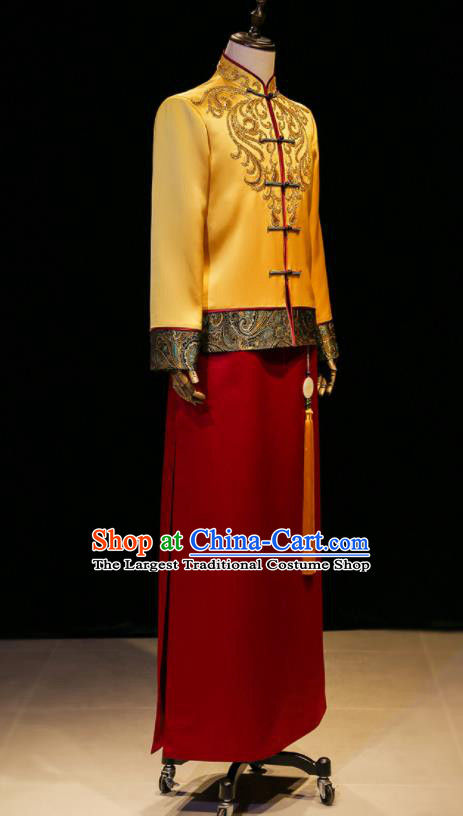 Chinese Tang Suit Embroidered Yellow Mandarin Jacket and Red Long Robe Ancient Bridegroom Clothing Traditional Wedding Male Uniforms