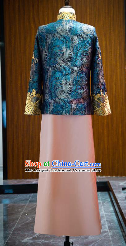 Chinese Traditional Wedding Male Uniforms Tang Suit Embroidered Blue Mandarin Jacket and Pink Long Robe Ancient Bridegroom Clothing