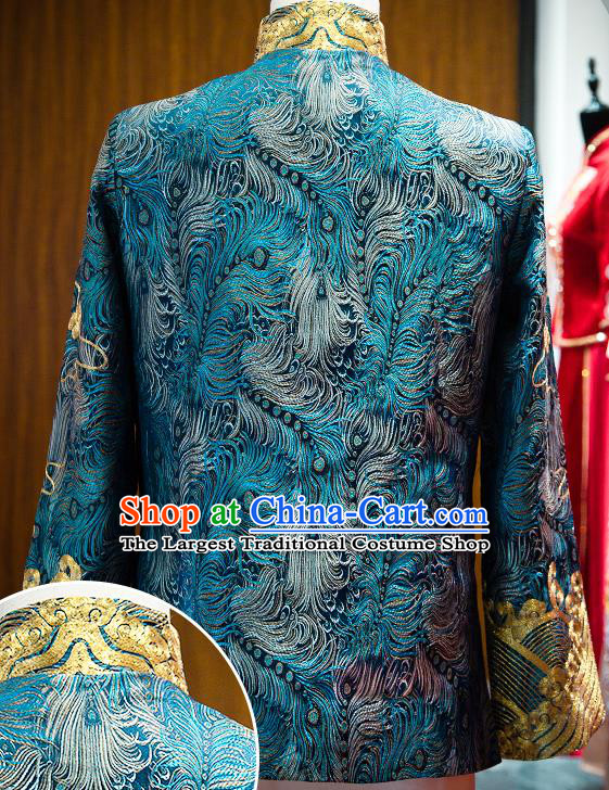 Chinese Traditional Wedding Male Uniforms Tang Suit Embroidered Blue Mandarin Jacket and Pink Long Robe Ancient Bridegroom Clothing