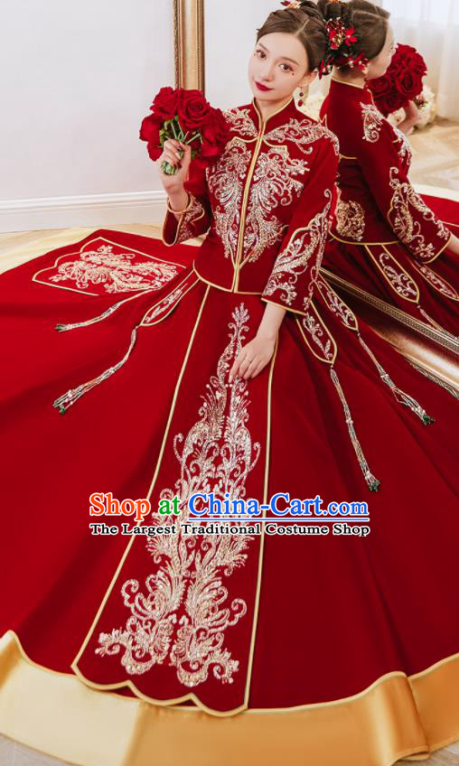 China Classical Xiuhe Suits Embroidered Bride Red Dress Toast Clothing Traditional Wedding Garment Costumes