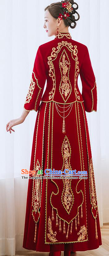 China Bride Toast Clothing Traditional Wedding Garment Costumes Classical Red Xiuhe Suits Embroidered Diamante Dress