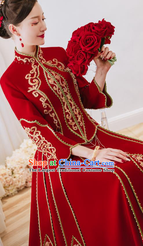 China Bride Toast Clothing Traditional Wedding Garment Costumes Classical Red Xiuhe Suits Embroidered Diamante Dress